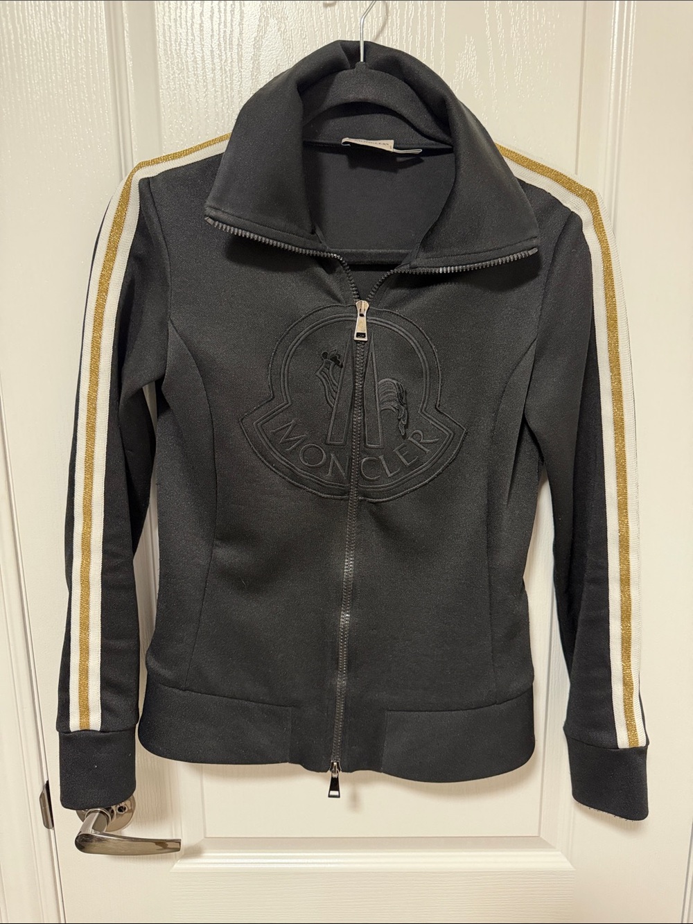 Moncler Black Zip Jacket with Gold & White Sleeve Stripes